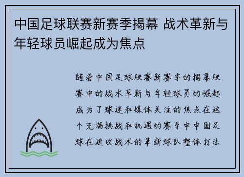 中国足球联赛新赛季揭幕 战术革新与年轻球员崛起成为焦点