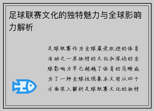 足球联赛文化的独特魅力与全球影响力解析