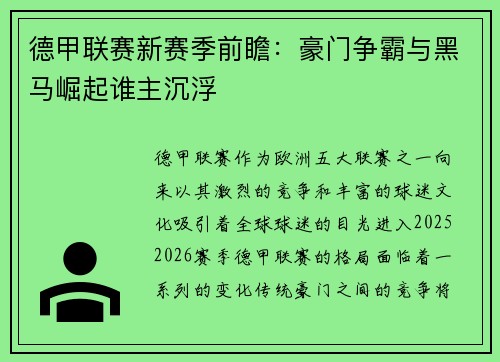 德甲联赛新赛季前瞻：豪门争霸与黑马崛起谁主沉浮