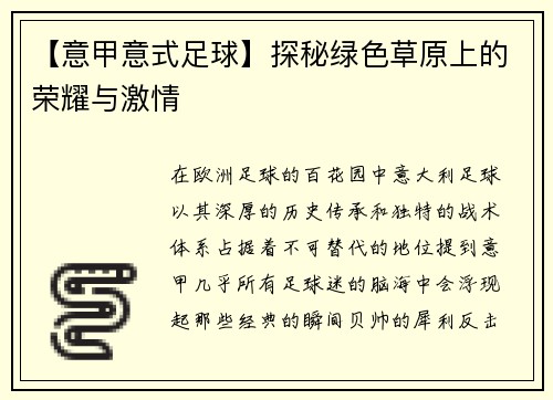 【意甲意式足球】探秘绿色草原上的荣耀与激情