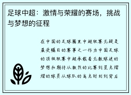 足球中超：激情与荣耀的赛场，挑战与梦想的征程