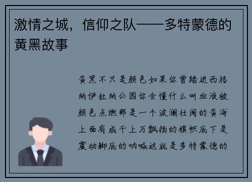 激情之城，信仰之队——多特蒙德的黄黑故事