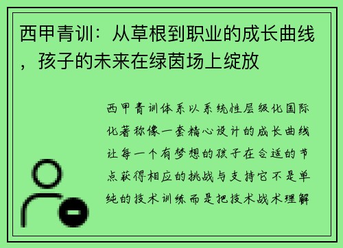 西甲青训：从草根到职业的成长曲线，孩子的未来在绿茵场上绽放