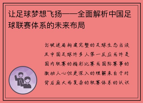 让足球梦想飞扬——全面解析中国足球联赛体系的未来布局